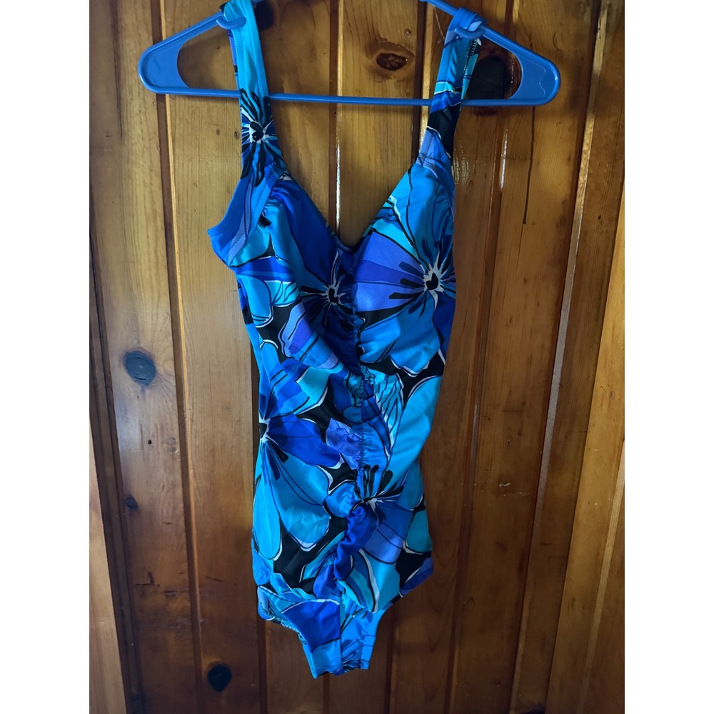 Le Cove Womens Blue Floral Ruched One Piece Swimsuit ‎ Size 12T